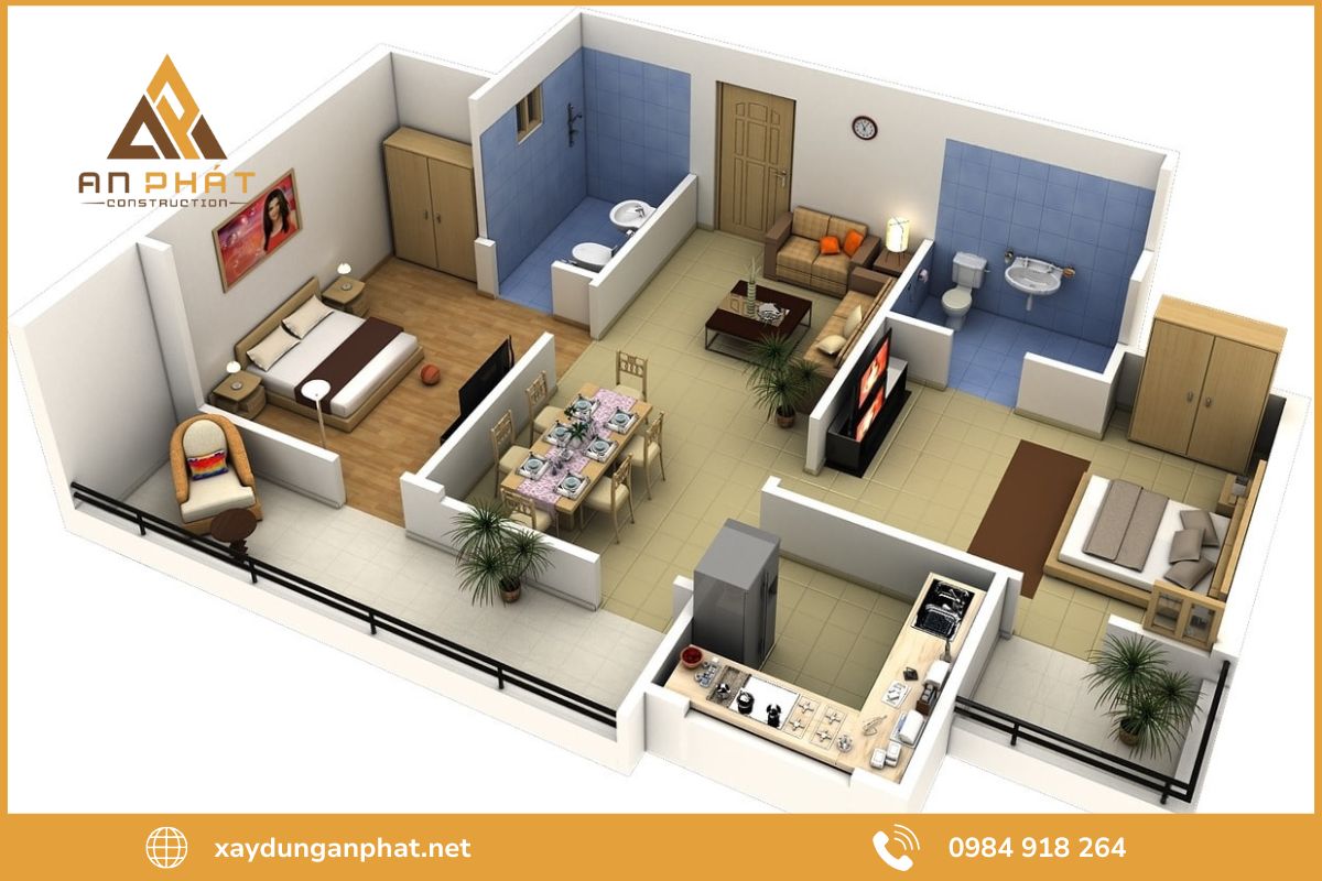 Mẫu nhà cấp 4 có 2 phòng ngủ tiện nghi