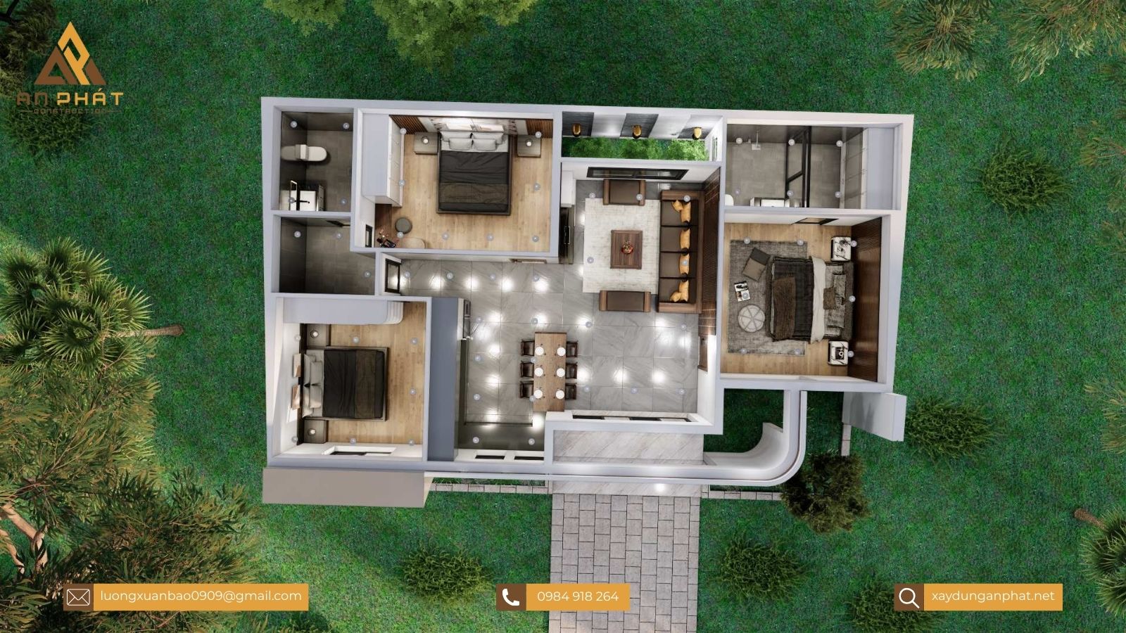 Nhà cấp 4 mái bằng ở nông thôn 15x8.5, 3 phòng ngủ