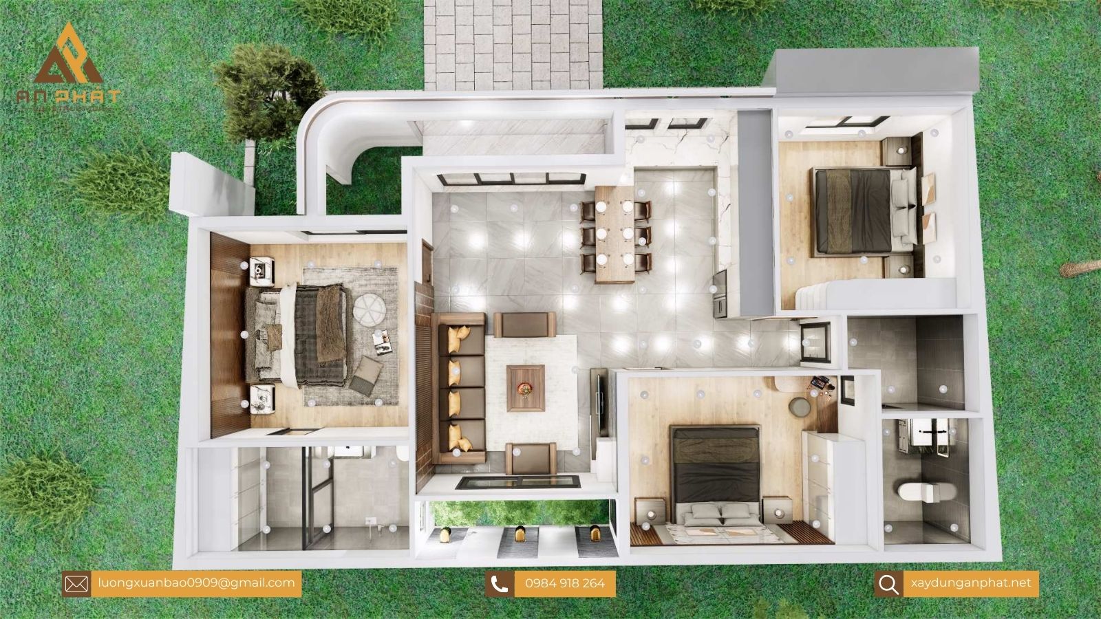 Nhà cấp 4 mái bằng ở nông thôn 15x8.5, 3 phòng ngủ